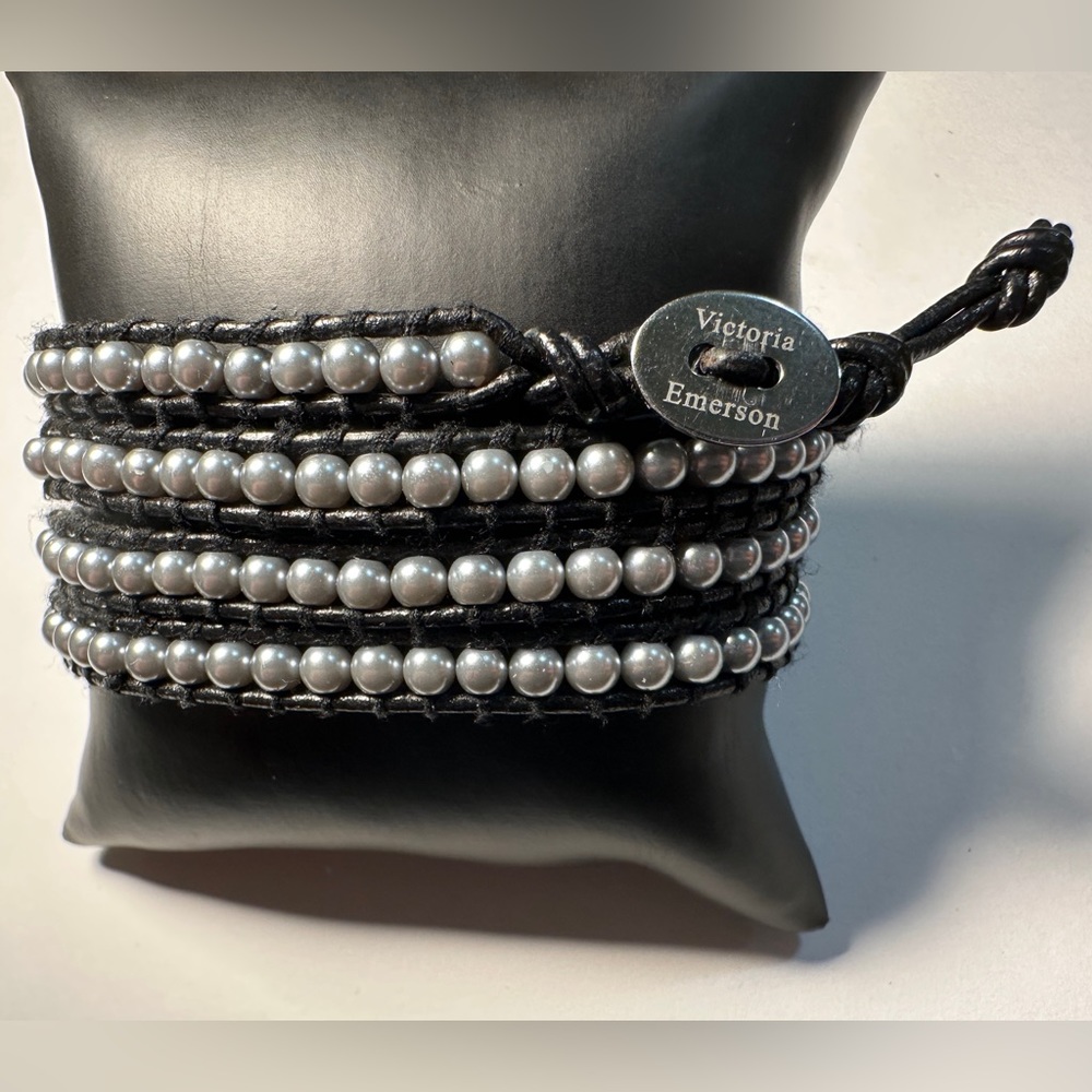 Victoria Emerson Black Leather Silver Pearls Wrap Bracelet